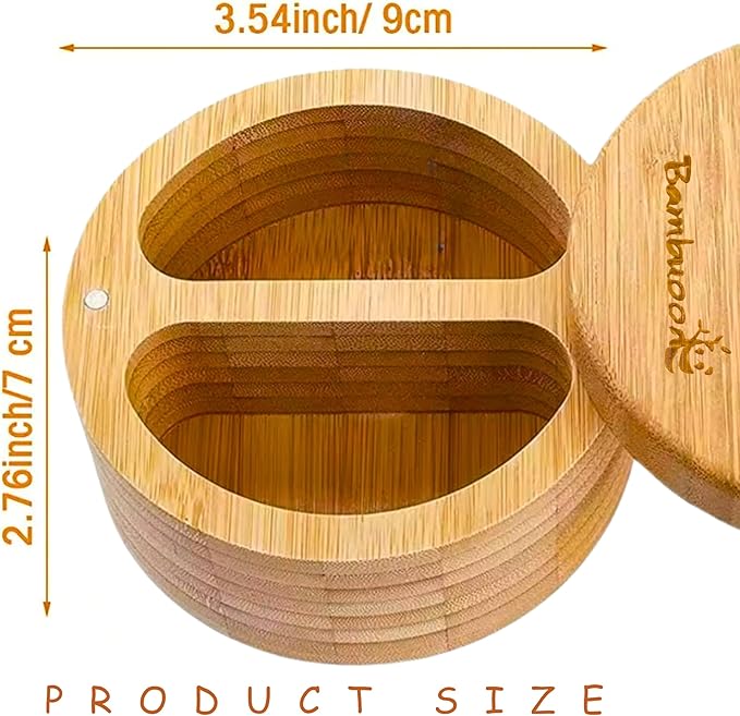 Premium Bamboo Salt Cellar with 2 Compartment Swivel Magnetic Lid - 100% Handmade, Elegant Salt & Spices Storage Box and Multi-Use Container with Mini Spoon.