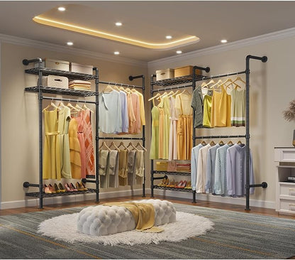 Timate F2 Industrial Pipe Clothes Rack Wall Mounted Clothing Rack for Hanging Clothes, Expandable Garment Racks Heavy Duty Wardrobe Closet Organizer and Storage, Black Adjustable Industrial Closet Kit