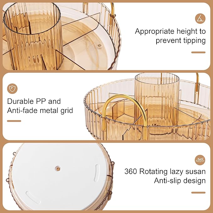 YCIA&DONE Rotating Makeup Organizer for Vanity, Large Capacity Make Up Storage Skin care Shelf Perfume Holders Cosmetic Dresser Organizer Countertop Spinning 360 (Amber Gold, 1Tier)