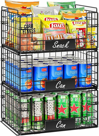 JKsmart 3 Pack XXL Stackable Wire Baskets with Handles for Pantry Storage and Organization, Fruit and Vegetable Basket with Name Plates, Metal Storage Bins for Snack Can Fruit Veggies, XXL