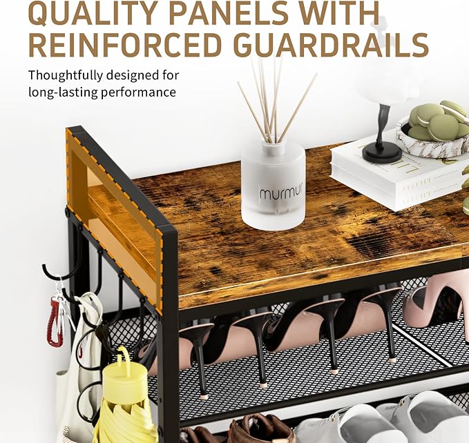 4 Tier Shoe Rack, Shoe Rack for Front Door Entrance with Hook, Steel Frame and Adjustable Mesh Shelves, Metal Shoe Organizer for Entryway, Bedroom, Closet
