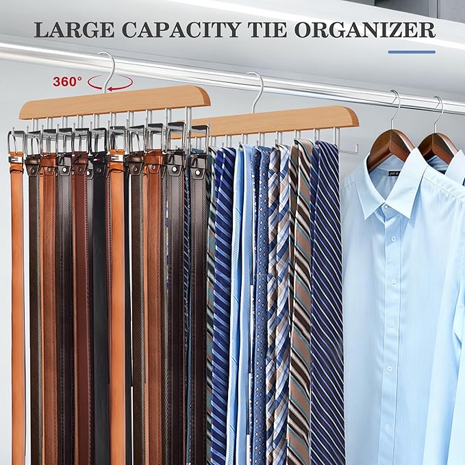 Tie Rack Hanger for Closet 20 Foldable Hooks, 1 Pack Wooden Non Slip Large Capacity Space Saving Tie and Belt Organizer with 360° Rotating Hooks for Tank Tops Bras Scarves Hat