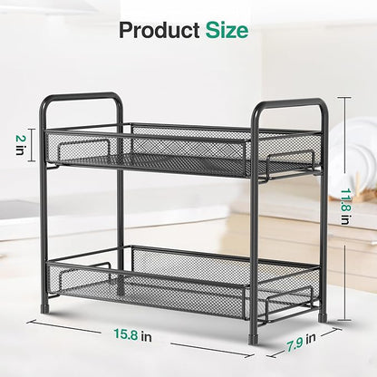 Spice Rack Organizer for Countertop,Xpatee 2-Tier Foldable Metal Rust-Proof Standing Large Seasoning Storage Shelf with Guardrail and Mesh Design for Kitchen Cabinet Bathroom Living Room Pantry, Black