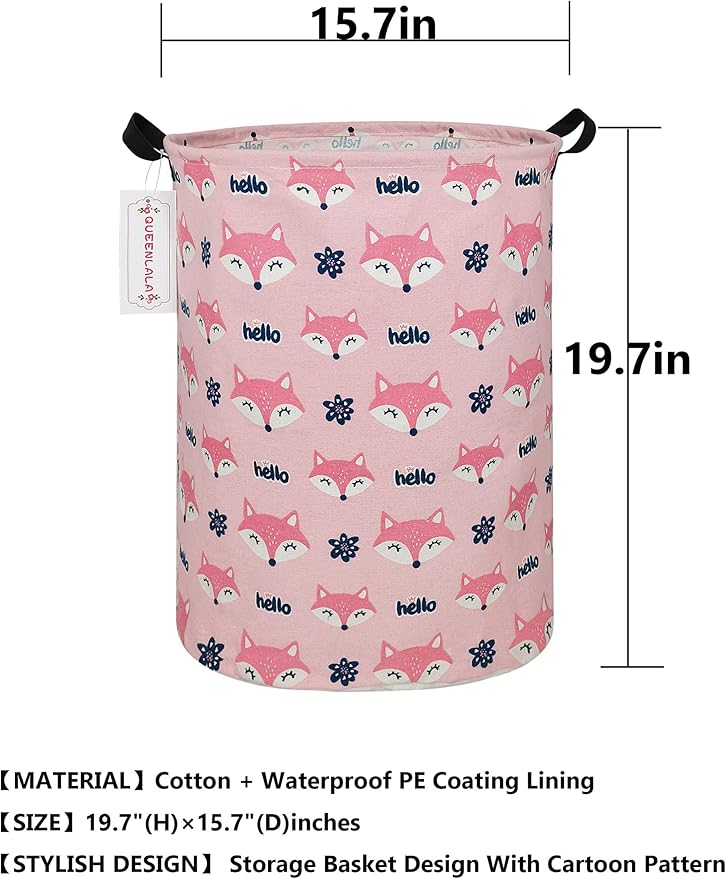 QUEENLALA Large Storage Basket,Laundry Hamper/Bathroom/Home Decor/Collapsible Round Storage Bin,Boys and Girls Hamper/Boxes/Clothing(Round-Pink Fox)