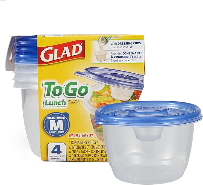 Glad GladWare to Go Lunch Food Storage Containers with Lids, Medium Round No BPA Plastic with Built-in Dressing Cup for Salads and Lunches, Microwave Dishwasher Safe, 32 Oz, 4 Count