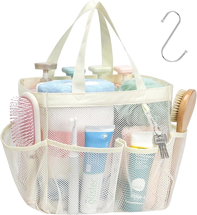F-color Mesh Shower Caddy Portable, Upgrade Deeper 7 Pockets Shower Bag Basket Tote for College Dorm Room Toiletry Bathroom Essentials Gym Camp Quick Dry 2 handles with S Hook, Butter White