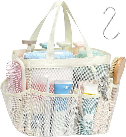 F-color Mesh Shower Caddy Portable, Upgrade Deeper 7 Pockets Shower Bag Basket Tote for College Dorm Room Toiletry Bathroom Essentials Gym Camp Quick Dry 2 handles with S Hook, Butter White