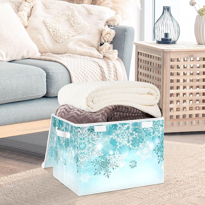 Senya Collapsible Storage Bins with Lids, Silver Winter Teal Turquoise Snowflakes Christmas Storage Boxes Clothes Baskets for Organizing