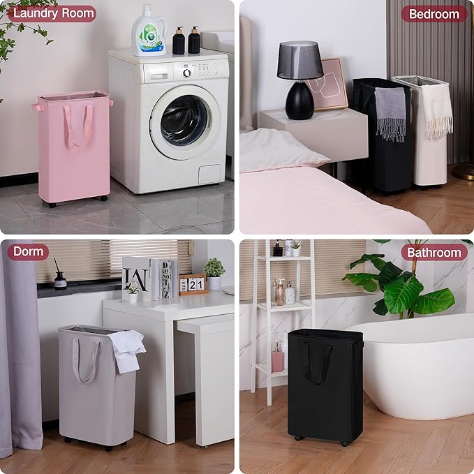 efluky Slim Laundry Hamper with Wheels, Rolling Laundry Basket for Clothes, Small Laundry Basket for Bedroom, Dorm and Laundry Room, 60L (12.7 Gallons) Beige