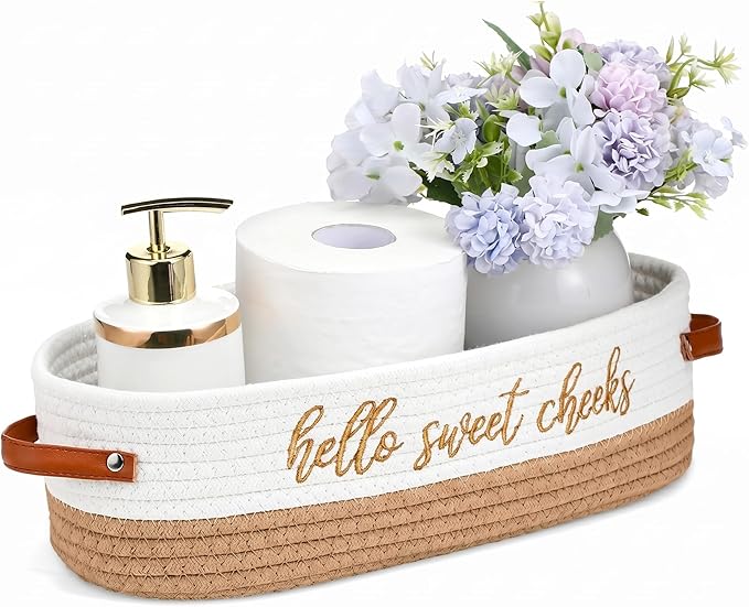 Hello Sweet Cheeks Bathroom Decoration Brown and White Cotton Rope Toilet Basket Toilet Paper Holder Basket Rustic Bathroom Organizer Farmhouse Home Decoration Organizing Small Baskets