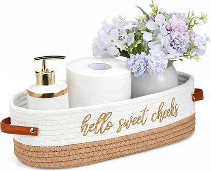 Hello Sweet Cheeks Bathroom Decoration Brown and White Cotton Rope Toilet Basket Toilet Paper Holder Basket Rustic Bathroom Organizer Farmhouse Home Decoration Organizing Small Baskets
