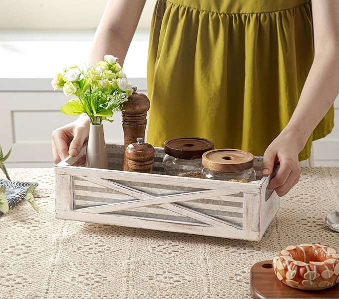 Wooden Toilet Tank Basket, Rustic Bathroom Decor Box, Farmhouse Toilet Paper Organizer Holder, Decorative Bathroom Storage Basket, Barn Door (Whitewash)