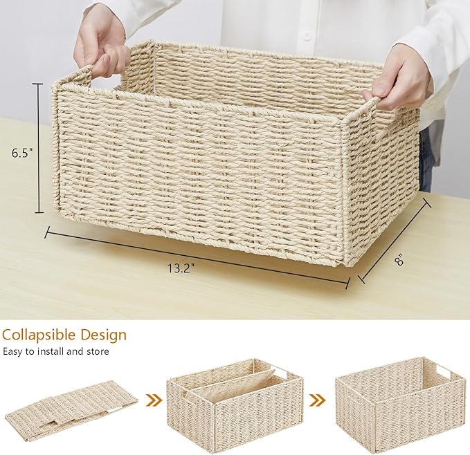 Vagusicc Wicker Storage Basket, Set of 2 Hand-Woven Paper Rope Wicker Basket, Small Storage Baskets for Organizing Toilet Paper Basket, Foldable Large Cube Storage Organizer Bins for Shelves (Beige)