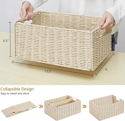 Vagusicc Wicker Storage Basket, Set of 2 Hand-Woven Paper Rope Wicker Basket, Small Storage Baskets for Organizing Toilet Paper Basket, Foldable Large Cube Storage Organizer Bins for Shelves (Beige)