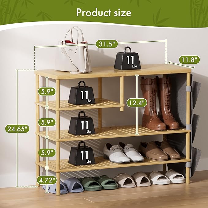 Bamboo Shoe Rack, 4 Tiers Shoe Organizer for Closet, Shoes Storage for 20-24 Pairs, Freestanding Shoe Shelf with Removable Pocket for Entryway Bedroom Front Door Dorm