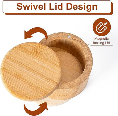 Husfunov Bamboo Salt Cellar, Magnetic Swivel Lid Salt Box, Round Container for Storing Pepper Sugar Herbs, 6 Ounce Capacity