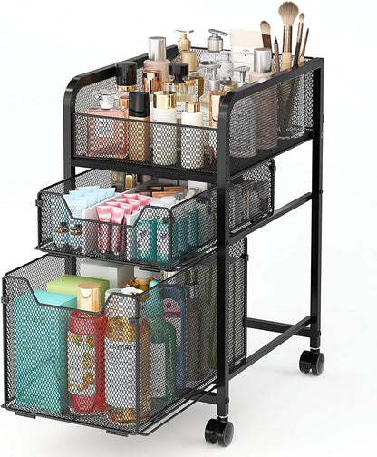 Hongtamoya Rolling Makeup Cart Organizer with 2 Drawers, Narrow Floor Skincare Organizers, Vanity Organizer Cosmetics Display Cases Holder for Skin Care Nail Polish Perfume Makeup Brush, Black