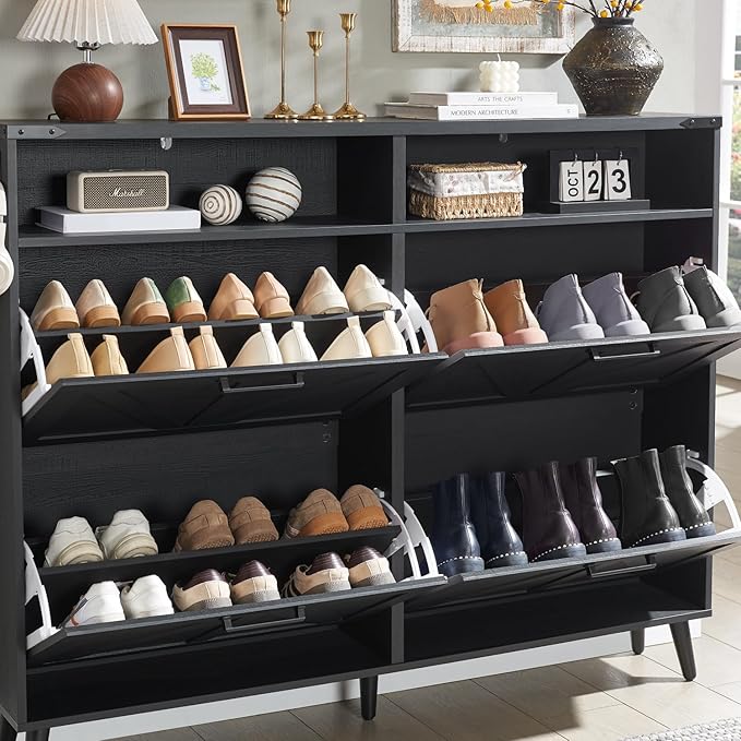 Shoe Storage Cabinet, Farmhouse Shoe Organizer with 4 Flip Drawers & Barn Door,Freestanding Hidden Slim Narrow Shoe Rack with Open Shelves for Entryway, Foyer, Hallway, Black