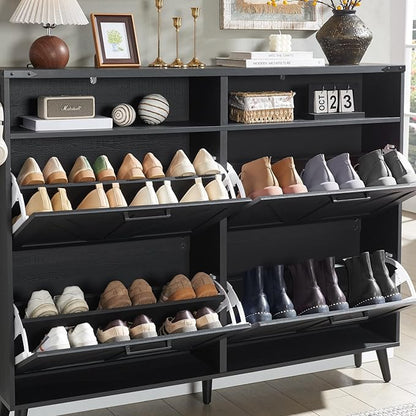 Shoe Storage Cabinet, Farmhouse Shoe Organizer with 4 Flip Drawers & Barn Door,Freestanding Hidden Slim Narrow Shoe Rack with Open Shelves for Entryway, Foyer, Hallway, Black