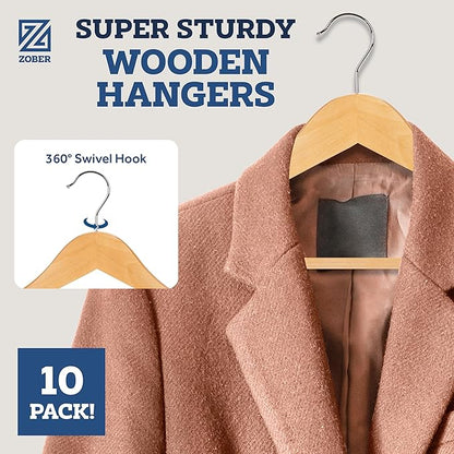 Wooden Hangers - Heavy Duty, Non Slip Wood Hangers for Coats, Jackets, Suits, & Pants - Clothes Hangers for Closet W/Bar and Notches (Natural, 10 Pack)