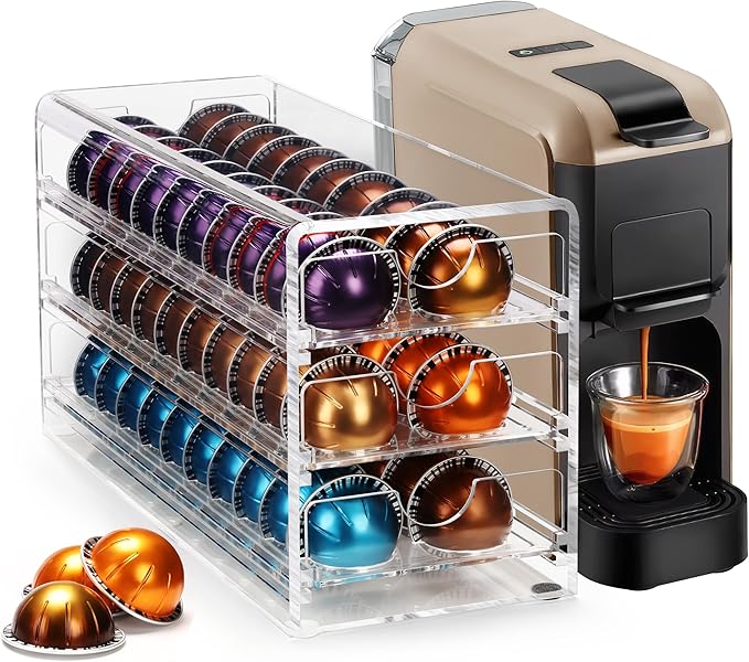3 Layers Clear Acrylic Coffee Pod Drawer for Nespresso Vertuo 60 Pod Double Sided Pull Out Organizer