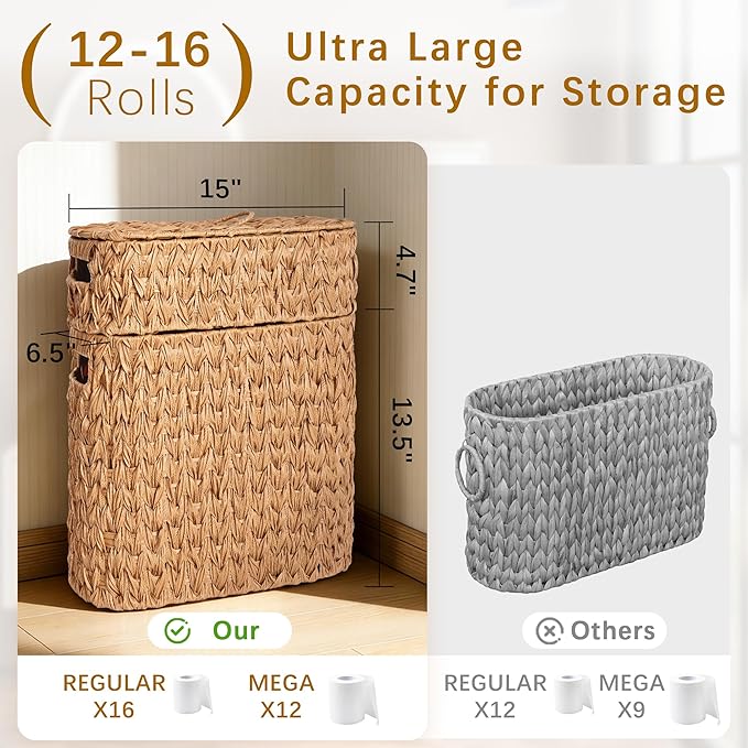 Livole 2-in-1 Toilet Paper Basket with Lid Toilet Paper Storage - 16 Regular Rolls or 12 Mega Rolls Woven Plastic Rattan Waterproof Toilet Paper Organizer for Bathroom, Natural