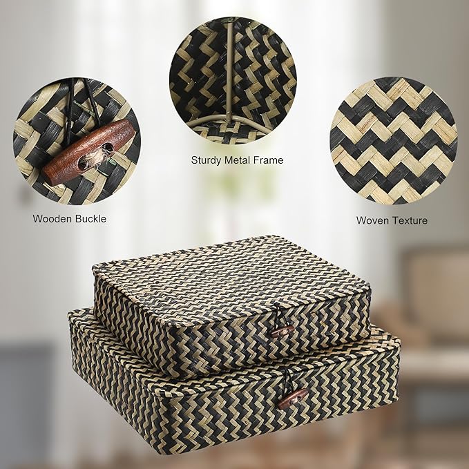 Hipiwe Woven Storage Basket with lid - Flat Wicker Storage Baskets Bins Natural Seagrass Storage Baskets Box for Shelf Home Decor, Set of 2, Blacks Strips