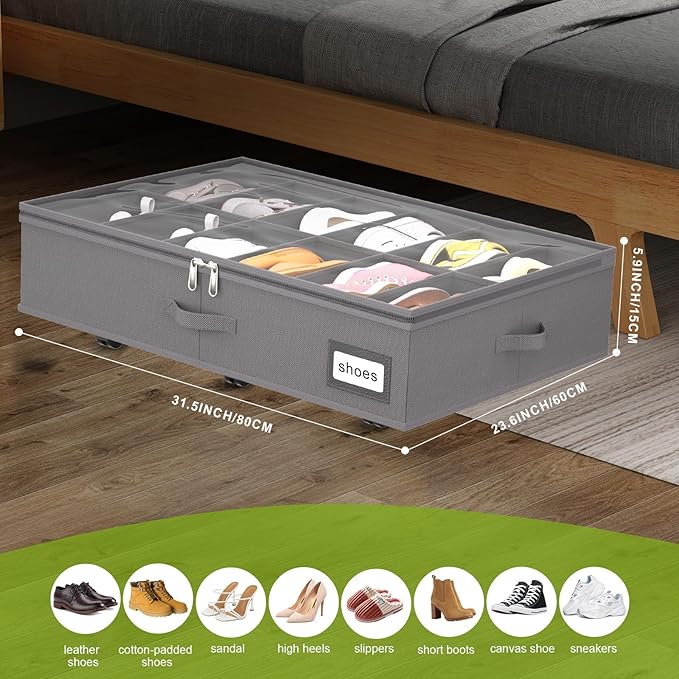 homyfort Under Bed Shoe Storage with Wheels, Fits 24 Pairs, Rolling Shoe Organizer with Bottom Support & Clear Lids, Sturdy Under Bed Storage Box for Shoes, Set of 2, Grey