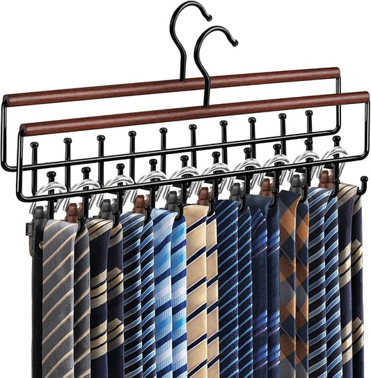 2PCS Tie Rack Hanger for Closet Upgraded 2-in-1 Tie and Belt Hanger Non Slip Tie Rack with 20 Hooks Tie Hanger Space Saving Wooden Belt Tie Organizer for Tank Tops Bras Cami Scarves, Walnut Color