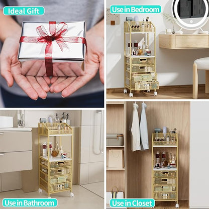 HapiRm Makeup Organizer Storage Cart - Floor Skincare Make Up Storage with 4 Drawers, Rolling Makeup Cart Vanity Organizer Cosmetics Display Cases Holder for Skin Care Perfume Nail Polish, Gold