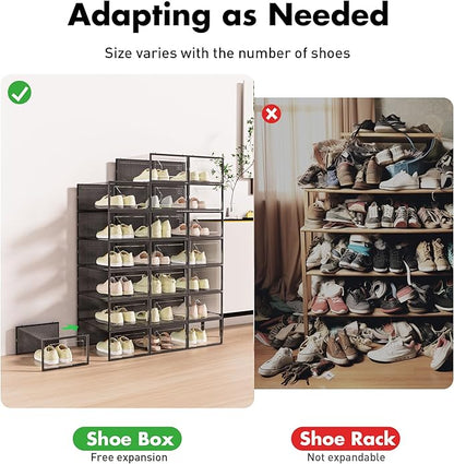 Foluck Shoe Storage Box, 15 Pack Clear Plastic Stackable Shoe Organizer for Closet, Interlocking Design for Sneakers, Foldable Shoes Container Rack with Lids, Black