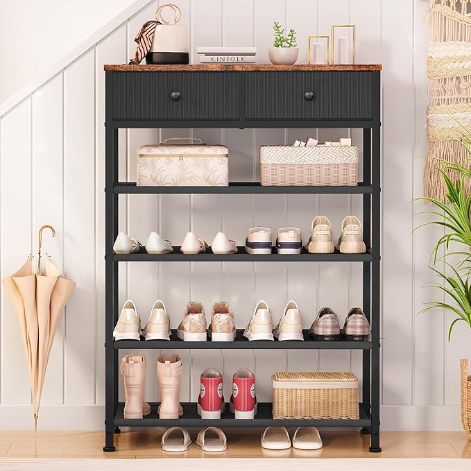 usikey Shoe Rack, 5 Tier Shoe Storage Organizer with 2 Drawers, Metal Shoe Shelf for 12-16 Pairs of Shoes, with 4 Oxford Fabric Shelves and Wooden Top, Shoe Stand for Closet Entryway, Black UNYXJX013H