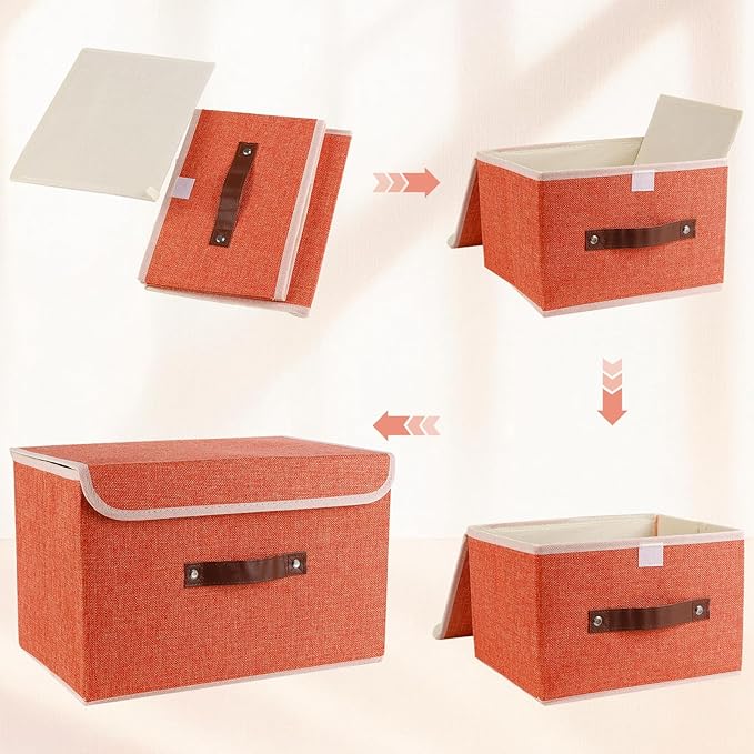 Small Storage Bin with Lid Storage Boxes,Collapsible Linen Storage Basket Container with Lid Storage Cube for Organizing Closets(Orange)