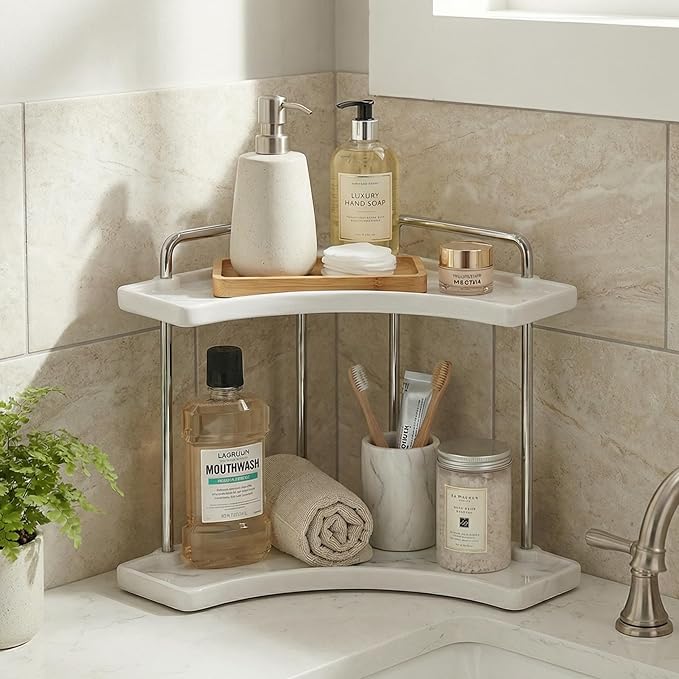 KES Ceramic Bathroom Corner Countertop Organizer, 2-Tier Marble Pattern Corner Counter Shelf, Vanity Skincare Perfume Organizer and Makeup Storage, Polished Chrome, BSC900B-CH