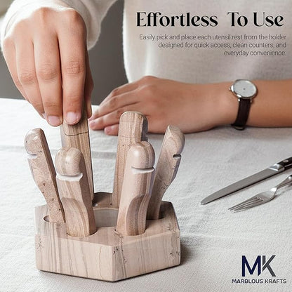 MARBLOUS KRAFTS Marble Utensil Rest Natural Brown for Kitchen Counter, Spoon Rest and Cutlery Holder, Utensil Organizer for Countertop, Keeps Clean, Modern Kitchen Accessory