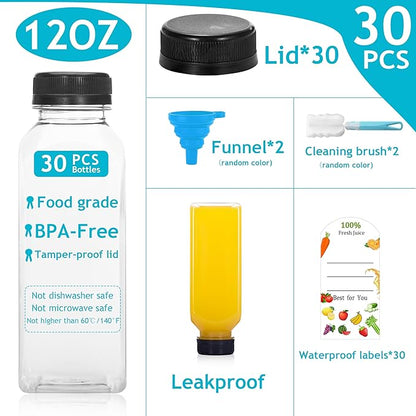 30Pcs 12 Oz Plastic Juice Bottles with Caps,Clear Reusable Water Bottle & Tamper Proof Lids,Juice Containers,Juicing Bottles for Fruit Juice,Smoothies,Coffee - Food Grade & Travel Bottle
