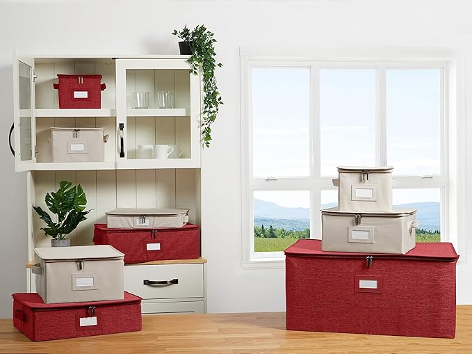 Covermates Platter Storage Box – Serveware & China Storage Container with Dual Zippers, ID Window, Reinforced Handles & Structured Walls for Platter, Dish & Serving Tray Protection, Red Heather
