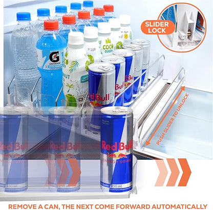 Upgraded Premium Drink Organizer for Fridge. Ultra Space Saving Drink Dispenser for Refrigerator with Larger Stopper Height and Automatic Pusher with Locking Feature. Holds 25 Cans (5 Rows, White)