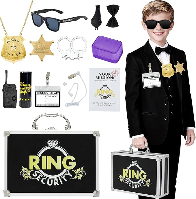 Ring Security Wedding Ring Bearer Aluminum Briefcase-Padded Slits Holder Ring Bearer Gifts Security Box for Proposal Ceremony Wedding Day,Security Badge Props for Boys Kids
