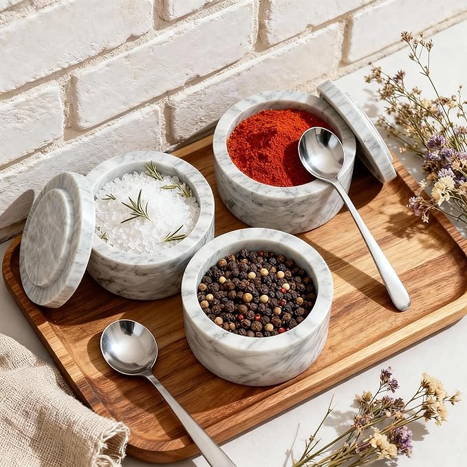 Marble Salt Shaker,Salt Cellar with Lid and Spoon,Pepper Shakers, Sugar Shakers, Suitable for Salt and Pepper,Vanilla Powder, Coffee Beans, kitchen counter decor,Cloudy White（NS047）