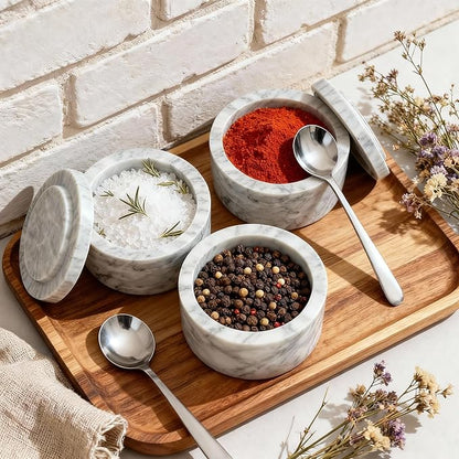 Marble Salt Shaker,Salt Cellar with Lid and Spoon,Pepper Shakers, Sugar Shakers, Suitable for Salt and Pepper,Vanilla Powder, Coffee Beans, kitchen counter decor,Cloudy White（NS047）