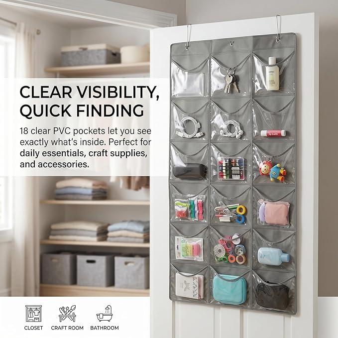 Hanging Shoe Organizer for Closet, Over Door Storage with 18 Clear PVC Pockets Large Baseball Caps Bag, Gray