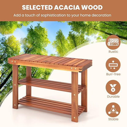 Tangkula Acacia Wood Shoe Rack Bench, 3 Tier Sturdy Storage Organizer, Holds up to 180lbs for Entryway Bedroom Living Room Balcony, Teak Color (27.5-inch)