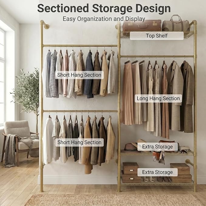 Wall Mounted Closet System – Adjustable Clothing Rack with 2 Expandable Rods & 3 Shelves, Heavy Duty Industrial Pipe Clothes Rack for Closet Organizer and Storage, Gold