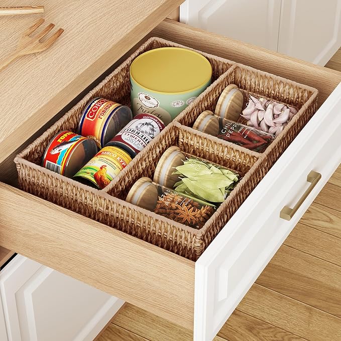 Vagusicc Wicker Divided Storage Basket, Wicker Baskets, Basket for Shelves Drawer Organizing, 3 Section Rectangular Woven Storage Baskets, 2-Pack, Natural