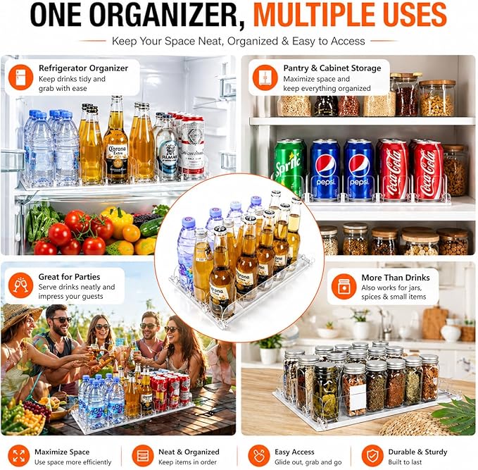 SOLY Drink Organizer for Fridge, Automatic Soda Can Dispenser with Pusher, 5-Row Refrigerator Drink Organizer Holds 25–30 Cans, 14.96" Deep