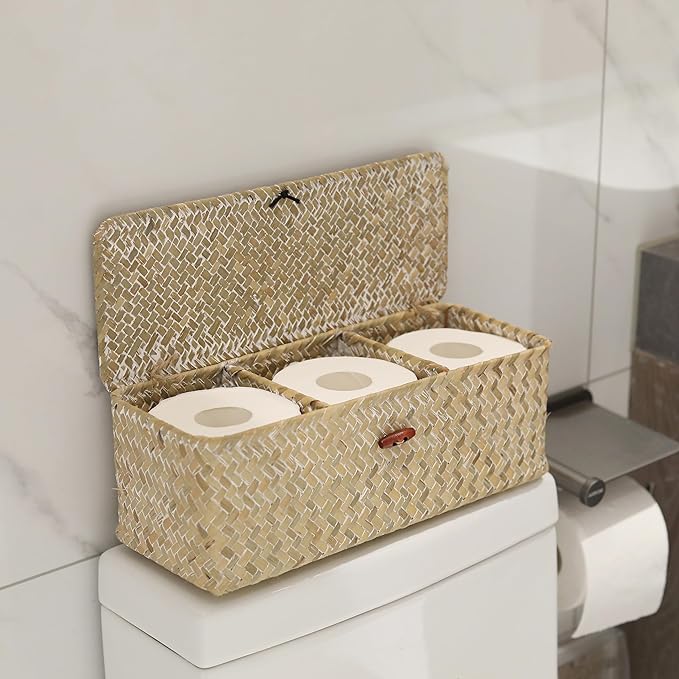 Whitewash Seagrass Toilet Tank Basket with Lid Bathroom Toilet Paper Storage Baskets with 3 Sections for Organizing (16.5 x 5.5 x 5.5 inch)