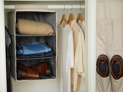 Covermates Keepsakes Hanging Closet Organizer – Heavy Duty Vertical Wardrobe Storage Shelves for Sweaters, Handbags, and Shoes – Acid-Free Interior Lining, Beige Heather