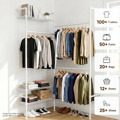 F2 Wall Mounted Closet System, Industrial Pipe Clothing Rack for Hanging Clothes, Heavy Duty Closet Organizer System, Clothes Racks with Shelves & Expandable Rod for Wardrobe, Corner, White