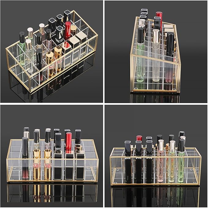 ELLDOO Rollerball Perfume Organizer, 24 Acrylic Spaces Glod Glass Perfume Storage Holder Beauty Scent Holder, Makeup Lipgloss Lipstick Display Case